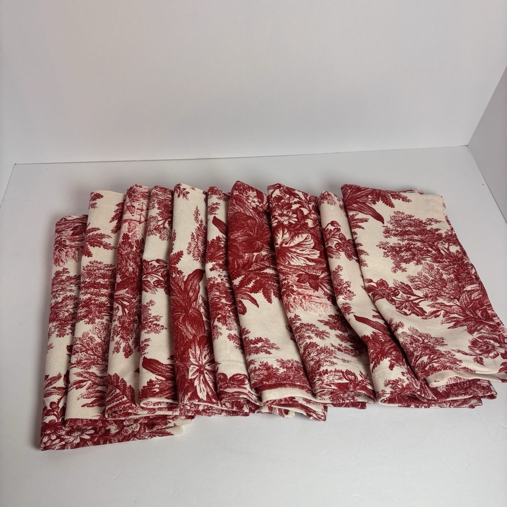 Pottery Barn Red Toile Linen Cotton Napkins Set of 10 20x20 French Country